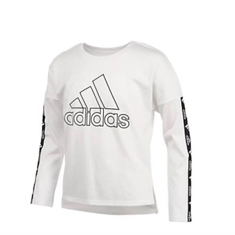 Adidas Girls Size Large Long Sleeve Logo Graphic High Low T-Shirt White Black